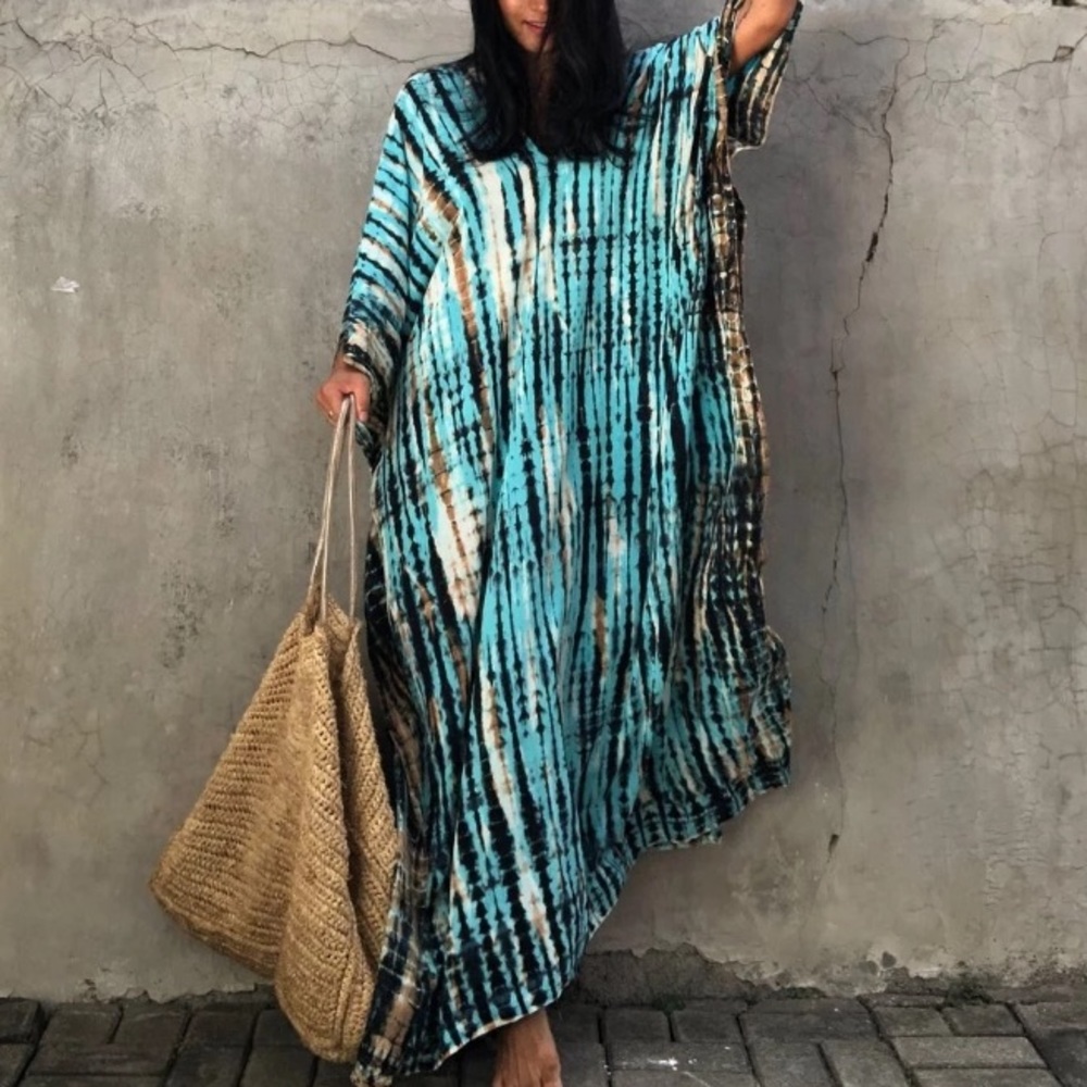 SOLD OUT Blue Boho Tie Dye Kaftan Kimono Dress - Picture 6 of 8